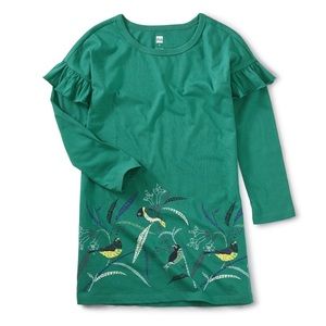 Tea Collection Girls Bird Border Ruffle Dress Emerald Sea Size 6